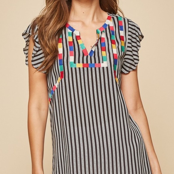 NWT Embroidered Bib Striped Flutter Sleeve Top - Picture 4 of 5